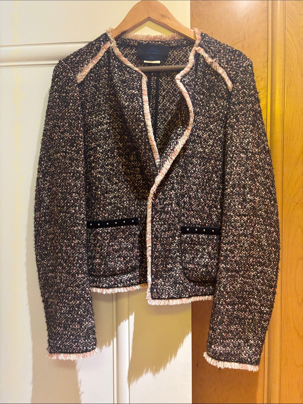Blue Les Copains Women's Bouclé Tweed Jacket with Fringe Trim - Black & Pink